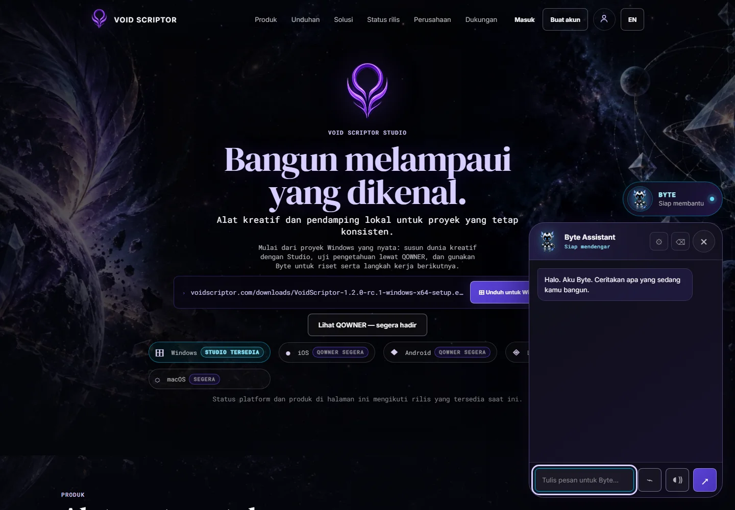 Tangkapan layar live Byte Assistant terbuka di homepage Void Scriptor